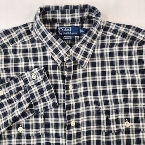 Polo Ralph Lauren Shirt Mens Large Black Gray Plaid Workshirt Button Pockets L/S